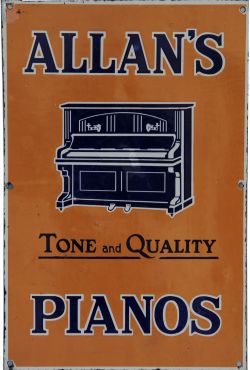 Enamel Advertising Sign `Allan`s Tone & Quality Pianos`, 12" x 18". Blue lettering with white shadow