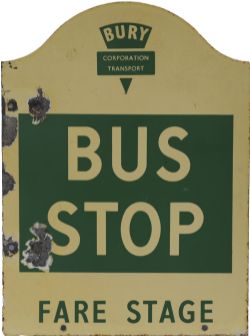 Enamel Bus Sign "Bury Corporation Transport Bus Stop Fare Stage", measuring 14" x 19". In good
