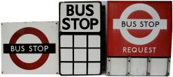 Enamel Bus Signs, qty 3;  `Bus Stop` black and white with 9 squares beneath (suitable for