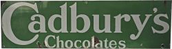 Enamel Advertising Sign `Cadbury`s Chocolates`. White lettering on green ground measuring 68" x 9¾".