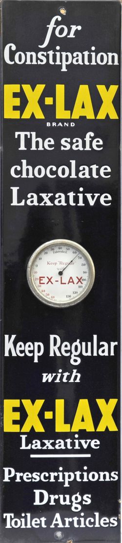 Enamel Advertising Sign with integral Thermometer made in USA ` Ex-Lax for Constipation - The safe