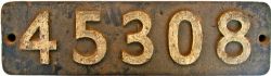 Smokebox Numberplate 45308. Ex Stanier 4-6-0 Class 5 locomotive, built Armstrong Whitworth under