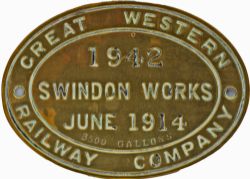 GWR Brass Tenderplate 1942, Swindon June 1914 3500 gallons. Two small repairs.