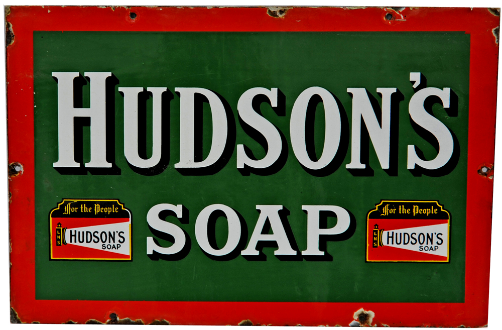 Enamel Advertising Sign `Hudson`s Soap`, white lettering with black shadow on a green ground and red