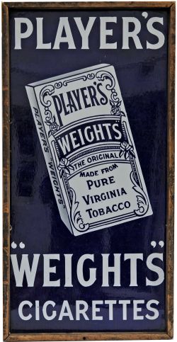 Early Enamel Advertising Sign "Players Weights Cigarettes" in wooden frame. Single-sided measuring