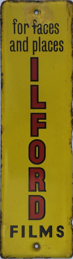 Enamel Advertising Door Push Finger-Plate Sign For Faces and Places Ilford Films`, 3" x 10½". Red