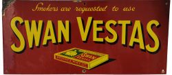 Enamel Advertising Sign "Smokers are Requested to Use Swan Vestas"; pictorial image of matchbox. A
