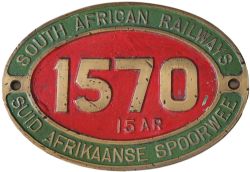 South African Railways, dual language brass Cabside Numberplate 1570 15AR. Ex 4-8-2 loco built by