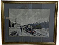 Original Pen & Ink with Watercolour Painting of GWR Tank on a 2 Clerestory Coach train at Monkton