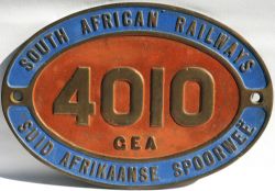 South African Railways dual language brass Cabside Numberplate 4010 GEA. Ex  Garratt 4-8-2+2-8-4