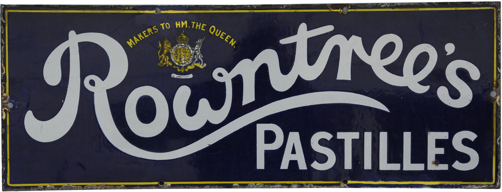 Enamel Advertising Sign `Rowntree`s Pastilles Makers To HM The Queen`, 24" x 9". White lettering