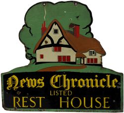 Enamel Advertising Sign, `News Chronicle Listed Rest House`. Measures 21" x 24" and has a thatched