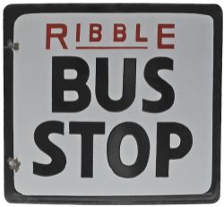 Enamel Bus Sign "Ribble Bus Stop" - double sided. Black on white. In excellent condition.