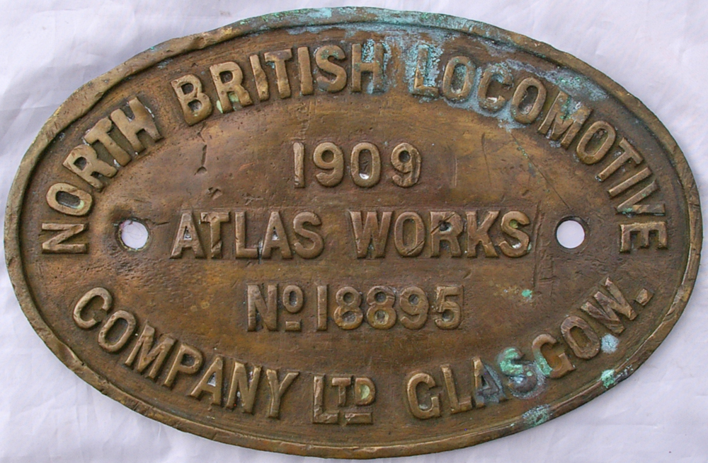 Worksplate North British Locomotive Company Atlas Works Glasgow 18895 dated 1909 ex G Class narrow