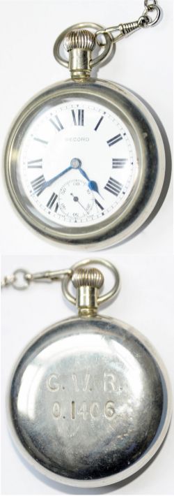 GWR Pocket watch by Record with `G.W.R. 0.1406 engraved on rear of case. Complete with Albert and in
