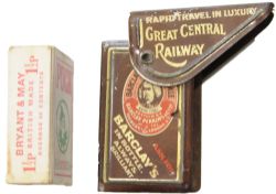 Great Central Railway tinplate vesta case, with fold out wind proof hood. Printed with `Rapid Travel