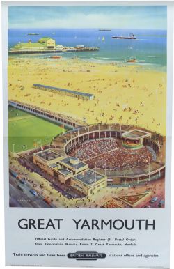 BR Poster, "Great Yarmouth", by Bagley, D/R size. Vista of Open air theatre, bowling green, beach