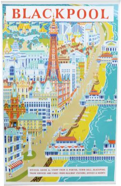 BR Poster, "Blackpool", anon, D/R size. Busy view of town, tower, beach, piers and trams.