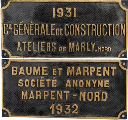 Brass Worksplate Cie Generale Des Construction Ateliers De Marly, Nord. Face restored, rear