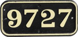GWR C/I Cabside Numberplate 9727. Ex 0-6-0PT built Swindon December 1934. Allocations include