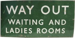 SR enamel Platform Sign WAY OUT WAITING AND LADIES ROOMS, flangeless measuring 36" x 18". Some