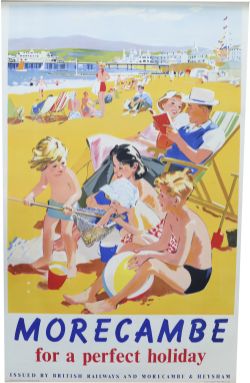 BR Poster, "Morecombe - For a Perfect Holiday, anon, D/R size. Classic view of family on beach