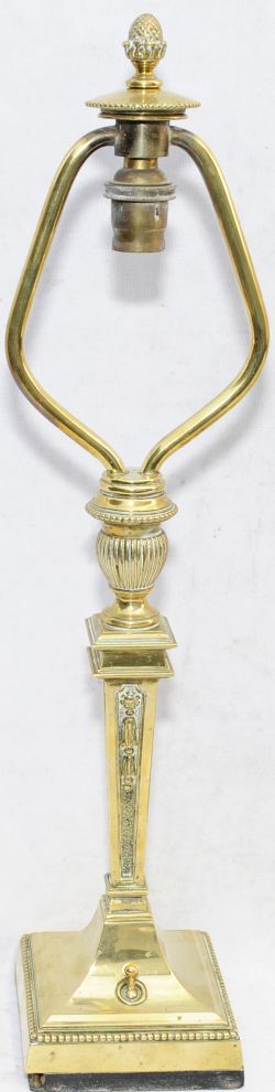 Pullman Lamp, un-marked, brass construction standing 20½" tall. Square base housing integral