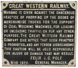 GWR C/I Notice regarding the Dangerous Practice Of Propping Of Wagon Doors, Felix Pole Manager,