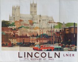 LNER Poster `Lincoln` by Fred Taylor, Q/R size. Stunning view of sailing ships, horse and cart and