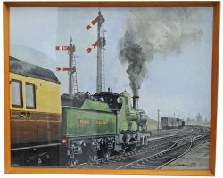 Oil Painting of GWR Barnum 2-4-0 Locomotive departing Market Drayton in 1927 by Paul Twine (1930 -