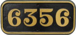 GWR C/I Cabside Numberplate 6356. Ex GWR 2-6-0 `Mogul` Class, built Swindon 30th November 1923.