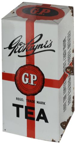 Advertising enamel Sign `Geo Payne`s GP Tea`. Basically in the shape of the tea packet with black