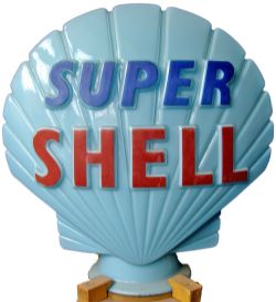 Petrol Globe SUPER SHELL. Light blue background with the word `Super` in dark blue and the word `