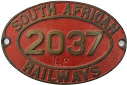 South African Railways single language brass Tender plate `South African Railways 2037 LP` (the LP