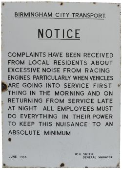 Birmingham City Transport enamel Notice re Complaints being received from local residents about