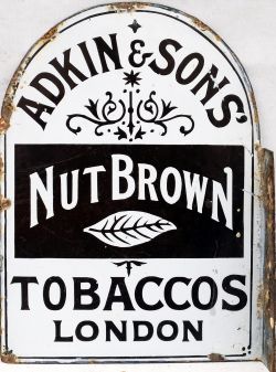 Advertising enamel Sign `Adkin & Son Nut Brown Tobacco London`. Black on white with dome top, 14"