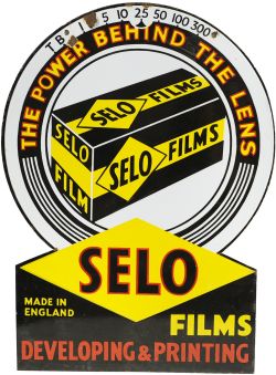 Advertising enamel Sign, "Selo Films - The Power Behind the Lens". Double sided hanging sign.