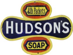 Advertising enamel Sign `Hudsons ¼lb Soap`. Clover leaf style, white on blue in centre, blue on