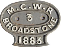 Midland & Great Western Railway (Ireland) C/I Carriage Plate, `M.G.W.R 3 Broadstone 1883`. Ex 30`