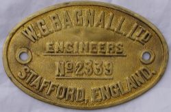 Worksplate W.G. Bagnall Engineers 2339 Stafford, England. Ex 2`6" gauge Class ZB 2-6-2T number