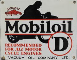 Advertising enamel Sign `Mobiloil D - Recommended For All Motor Cycle Engines`. 11¼" x 9", black