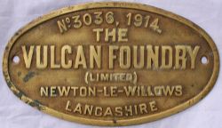 Worksplate The Vulcan Foundry (Limited), Newton-le-Willows, Lancashire number 3036 dated 1914. Ex