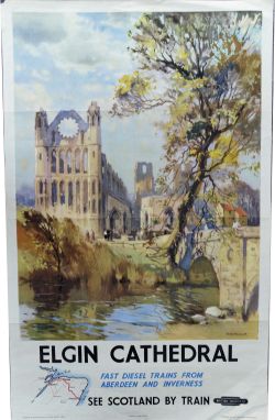 BR Poster `Elgin Cathedral - Vast Diesel Trains from Aberdeen and Inverness` by Jack Merriott, D/R