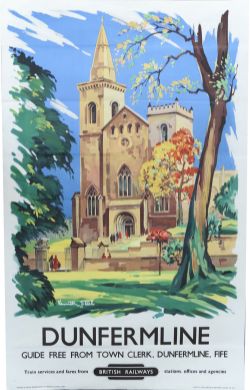 BR Poster `Dunfermline` by Steel, D/R size. A view of the Abbey entrance. Published by British