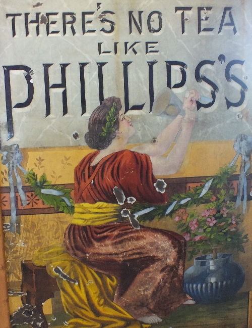 An enamel pictorial advertising sign for Phillips's Tea entitled 'There's No Tea Like Phillips's