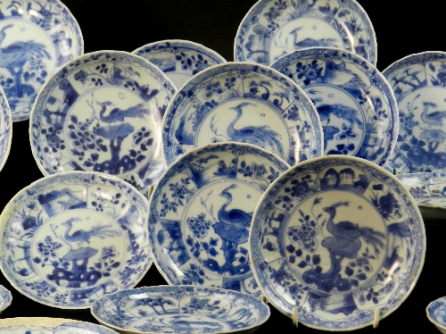 Ca Mau: Thirty peacock pattern saucers, circa 1725, each painted in blue with a peacock upon a
