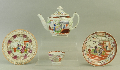 A group of 'Boy in the window' pattern teawares, early 1800s, comprising a Miles Mason teabowl,