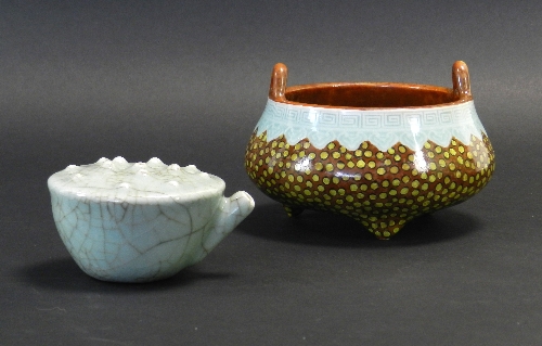 A Chinese porcelain brown glaze and part celadon two handled censer, squat round vessel, covered