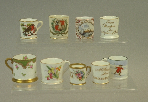 Fourteen miniature porcelain mugs, to include two Royal Worcester examples, one bearing the