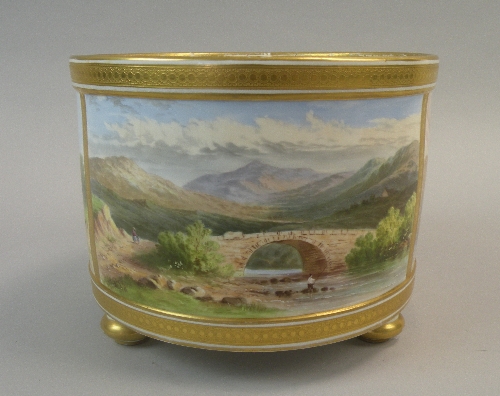 A rare Minton porcelain cylindrical planter, early 19th century, painted with three landscape panels